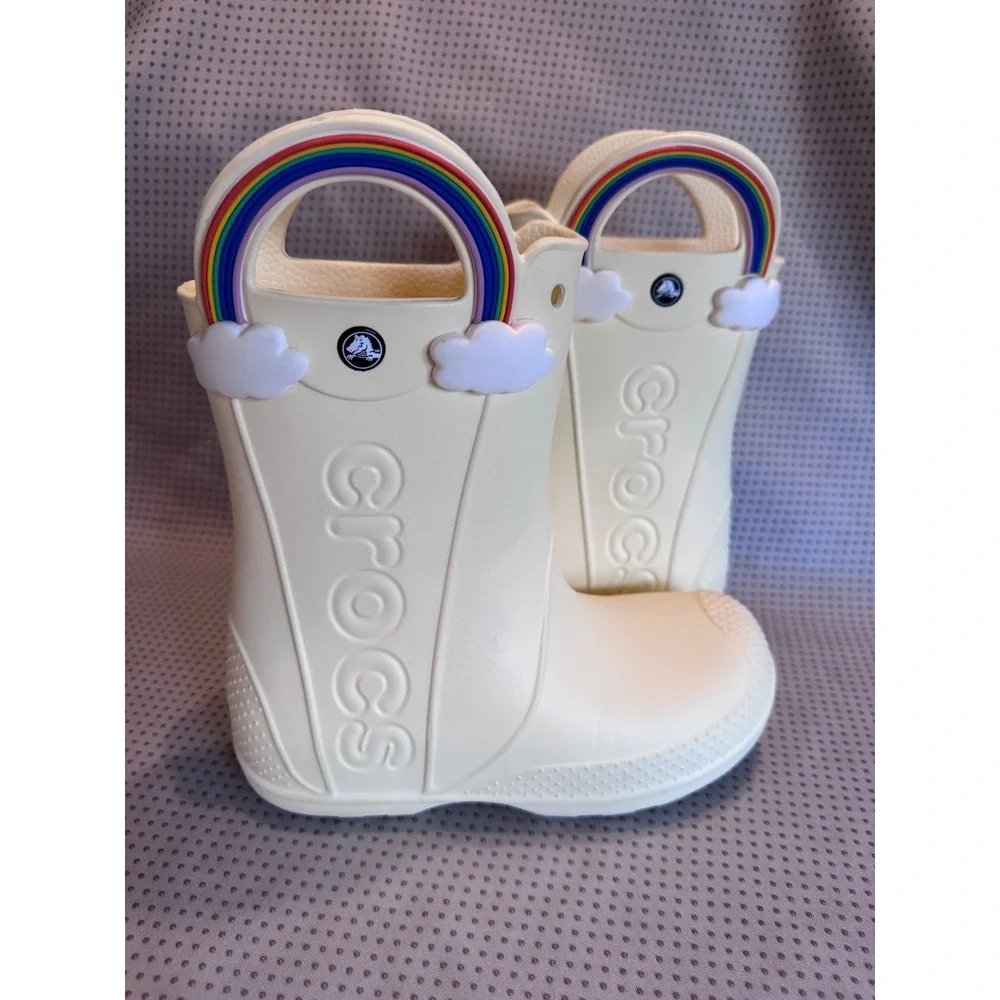 Crocs Kids Handle It Rain Boots Yellow Rainbow Cloud Jibbitz Size J3 Waterproof